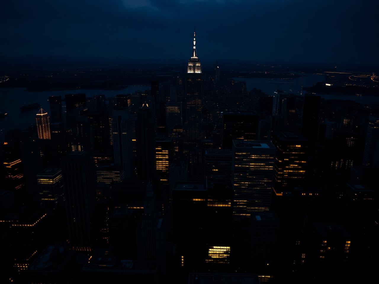 Dark aerial view of a global financial district at blue hour