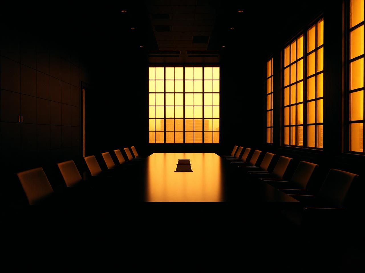 Dim elegant boardroom lit by warm gold window light